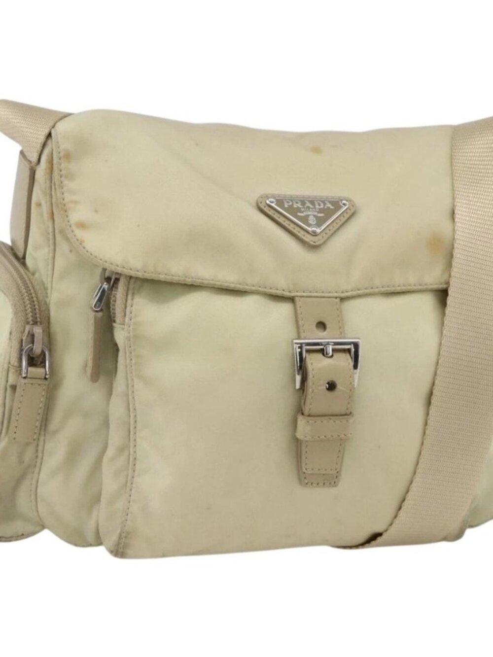 PRADA Shoulder Bag Nylon Ivory Silver Auth 174381